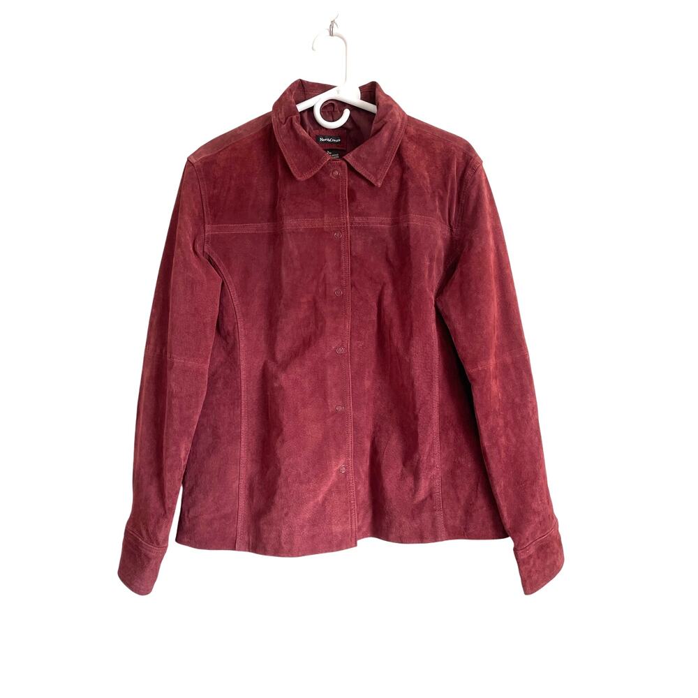 VTG Y2K Northcrest Maroon Red Suede Leather Jacket Collar L 14-16 Minimalist